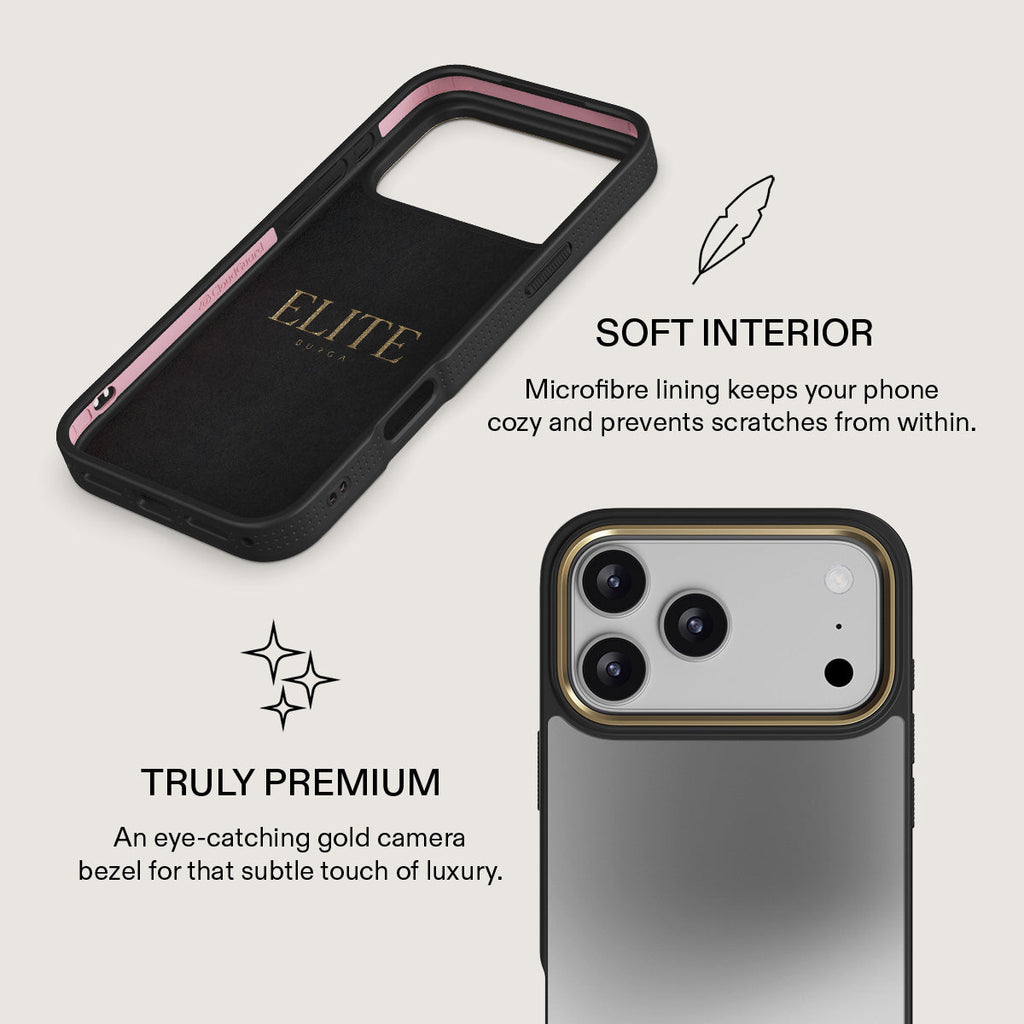 Soft microfibre interior and gold camera bezel
